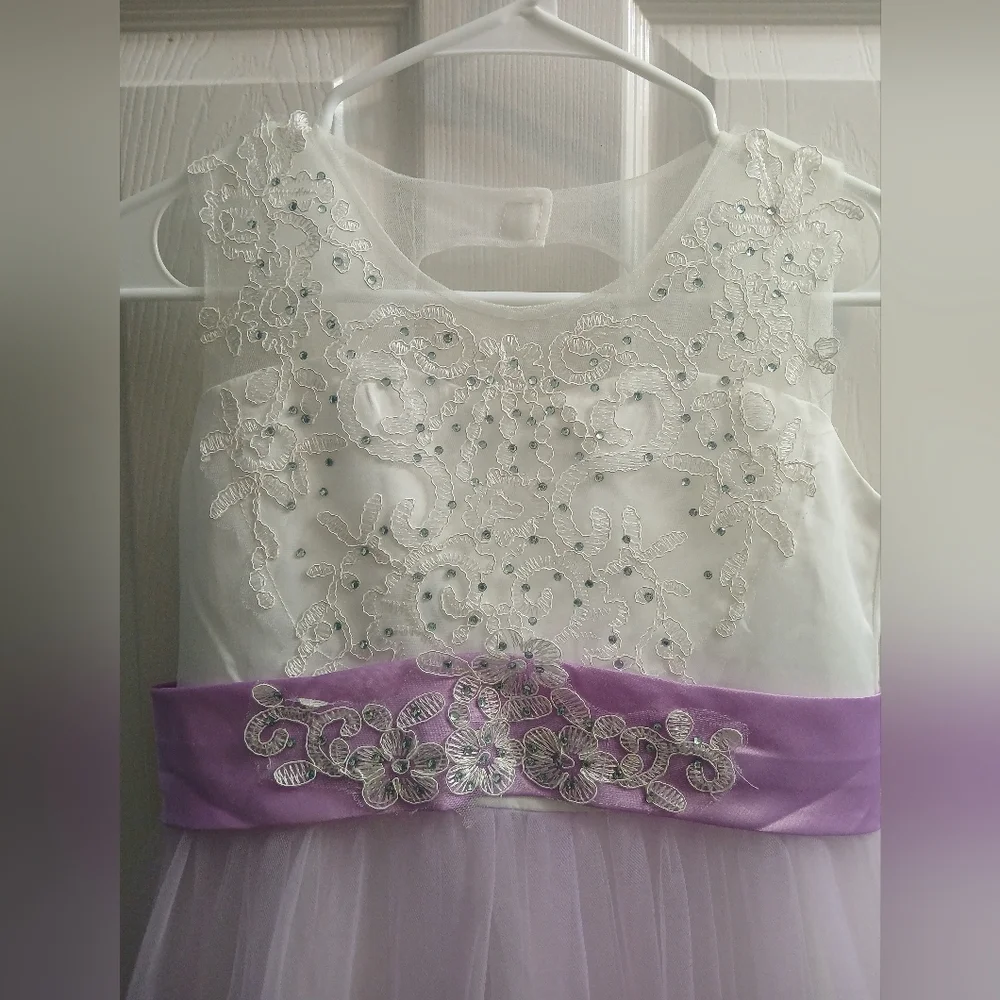 Elegant White and Purple Dress with Bows At Back And Down Length Of Dress.